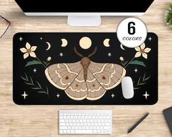 Celestial Moon Phase Moth Deskmat, Cute Moth Mousepad, Moth Floral Desk Mat, Office Gifts for Moth Lover, Insect Cosmic Desk Pad Accessories