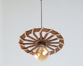 Wheel Wood Ceiling Light, Rope Pendant Light, Handcrafted Wooden Ceiling Lamp, Farmhouse Wood Chandelier, Rope Light Fixture