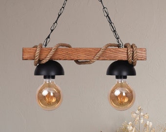 Wooden Rope Pendant Light, Rustic Ceiling Light, Wood Light Fixture, Farmhouse Chandelier, Rustic Rope Lighting, Hanging Pendant Light