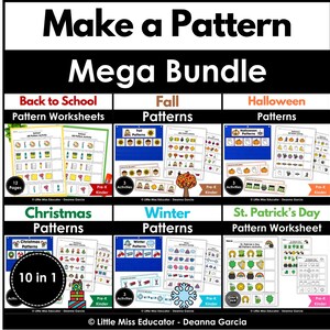 Peut inclure: Une ressource éducative numérique intitulée Make a Pattern Mega Bundle présentant six catégories saisonnières : Back to School, Fall, Halloween, Christmas, Winter et St. Patrick's Day. Chaque section affiche des fiches d'exercices avec des motifs colorés.