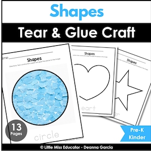 May include: Educational printable featuring the text "Shapes Tear & Glue Craft." The image shows three worksheets with shape outlines, including a circle, heart, and star. The circle worksheet is filled with blue paper pieces. The text "Pre-K Kinder" is also visible.