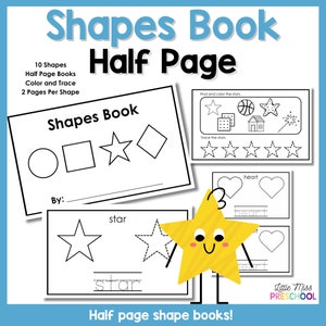 Puede incluir: Libro de formas imprimible en blanco y negro para niños. El libro presenta 10 formas diferentes, incluyendo un círculo, un cuadrado, una estrella y un corazón. Cada forma está en una media página y tiene un espacio para que el niño pueda colorear y trazar la forma. El libro también incluye las palabras "Shapes Book" y "Half Page" en la parte superior de la página.