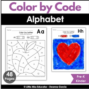 May include: Coloring pages for Pre-K and Kindergarten students. The pages feature the alphabet, with an apple and a heart, designed for color-by-letter activities. The set includes 48 pages. The text on the image says "Color by Code Alphabet".