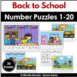 Puede incluir: Set educativo Back to School Number Puzzles 1-20 que incluye 36 rompecabezas. La imagen muestra ilustraciones coloridas de niños en aulas y autobuses escolares con tiras numeradas en la parte inferior, incluyendo los números del 1 al 20.