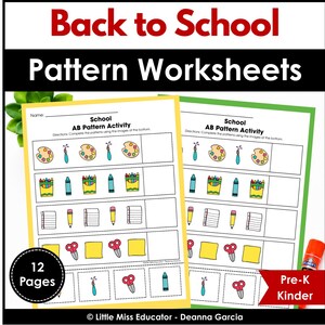 May include: Two educational worksheets titled Back to School Pattern Worksheets featuring School AB Pattern Activity exercises. Each page includes rows of colorful illustrations like paint palettes, crayons, pencils, and scissors for students to complete patterns.