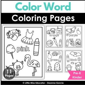 Color Word Coloring Pages with Objects and Animals | No-Prep (B&W) | PreK-K