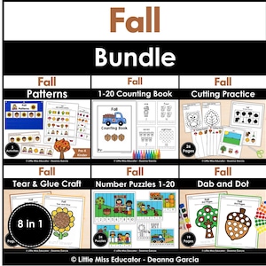 May include: A Fall Bundle educational resource set featuring six activity categories: Fall Patterns, Fall 1-20 Counting Book, Fall Cutting Practice, Fall Tear & Glue Craft, Fall Number Puzzles 1-20, and Fall Dab and Dot, all by Little Miss Educator.
