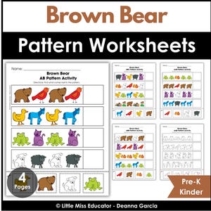 May include: A set of four Brown Bear Pattern Worksheets for Pre-K and Kindergarten students. Each page features rows of colorful animal illustrations including bears, birds, ducks, horses, frogs, cats, dogs, and sheep to complete repeating patterns.