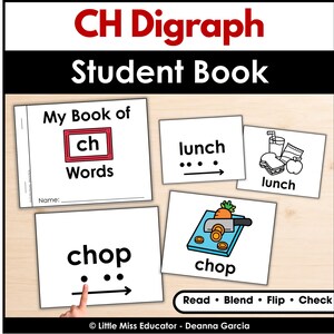 Puede incluir: Un recurso educativo CH Digraph Student Book con páginas blancas, texto negro e ilustraciones. La portada dice My Book of ch Words. Se incluyen tarjetas con las palabras lunch y chop, acompañadas de dibujos lineales y puntos.