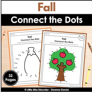 May include: Two educational activity sheets titled Fall Connect the Dots. One sheet features a pumpkin outline with numbers 1 to 20, and the other shows an apple tree with numbers 1 to 23. The set includes 32 pages, with crayons placed around the sheets.