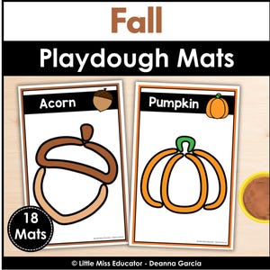 May include: Two rectangular playdough mats featuring fall themes. One mat displays the word Acorn with a brown acorn illustration, and the other displays the word Pumpkin with an orange pumpkin illustration. A black circle indicates 18 Mats.