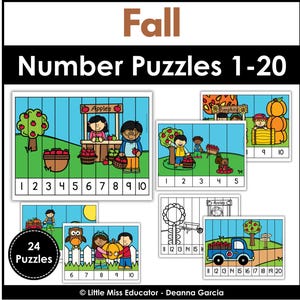 May include: A set of Fall Number Puzzles 1-20 featuring colorful illustrations of children, apples, pumpkins, and farm scenes. The educational activity includes 24 puzzles with numbered segments, some in full color and others in black and white line art.