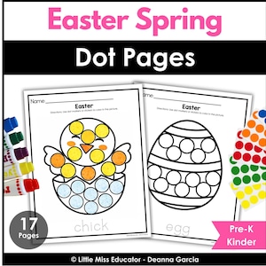 May include: Two pages of Easter-themed dot pages for Pre-K and Kindergarten. One page features a chick, the other an egg, both with dot markers to colour in. The words "Easter Spring Dot Pages" are at the top.