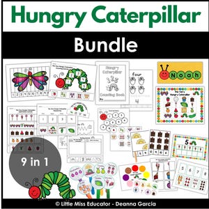 May include: A bundle of educational printables featuring the Hungry Caterpillar theme. Includes counting books, activity sheets, and colorful illustrations of caterpillars, butterflies, and fruits. The text "Hungry Caterpillar Bundle" is at the top.