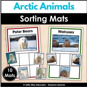 Puede incluir: Dos tapetes educativos de clasificación titulados Arctic Animals Sorting Mats, uno con borde rojo etiquetado Polar Bears y otro con borde verde etiquetado Walruses. Cada tapete presenta una cuadrícula para colocar tarjetas cuadradas.