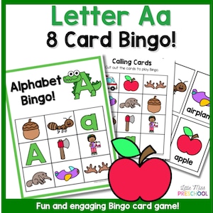 ¡Bingo con la letra Aa! Juego para grupos pequeños o en el centro / 8 tarjetas (preescolar, prejardín de infantes, jardín de infantes)