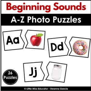 以下が含まれることがあります： 「Beginning Sounds A-Z Photo Puzzles」というタイトルの26ピースの教育用パズルセット。文字カードとリンゴ、ドーナツ、瓶の画像が組み合わされています。テキストには「Beginning Sounds」、「A-Z Photo Puzzles」、「26 Puzzles」、「Deanna Garcia」が含まれています。