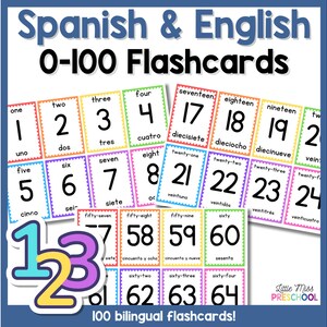 Può includere: Un set di 100 flashcard bilingue che presentano i numeri da 0 a 100 in inglese e spagnolo. Le flashcard sono codificate a colori e hanno un bordo a zig zag. Il testo "100 flashcard bilingue!" è in fondo all'immagine.