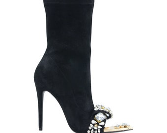 Myriads Way Black Pointed Adorned Heel Boots