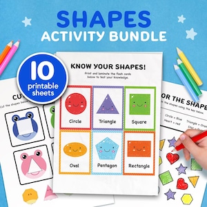 May include: A blue background with the text "SHAPES ACTIVITY BUNDLE" and "10 printable sheets." The image shows flashcards with shapes like circles, triangles, and squares. Colored pencils and cut-out shape activities are also visible.