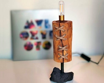 Designer table lamp, rustic style, handmade with tree wood trunk. Small handmade desk decoration lamp