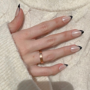 Black French Tip Press On Nails: Short Almond, Salon Grade (32 PCS)