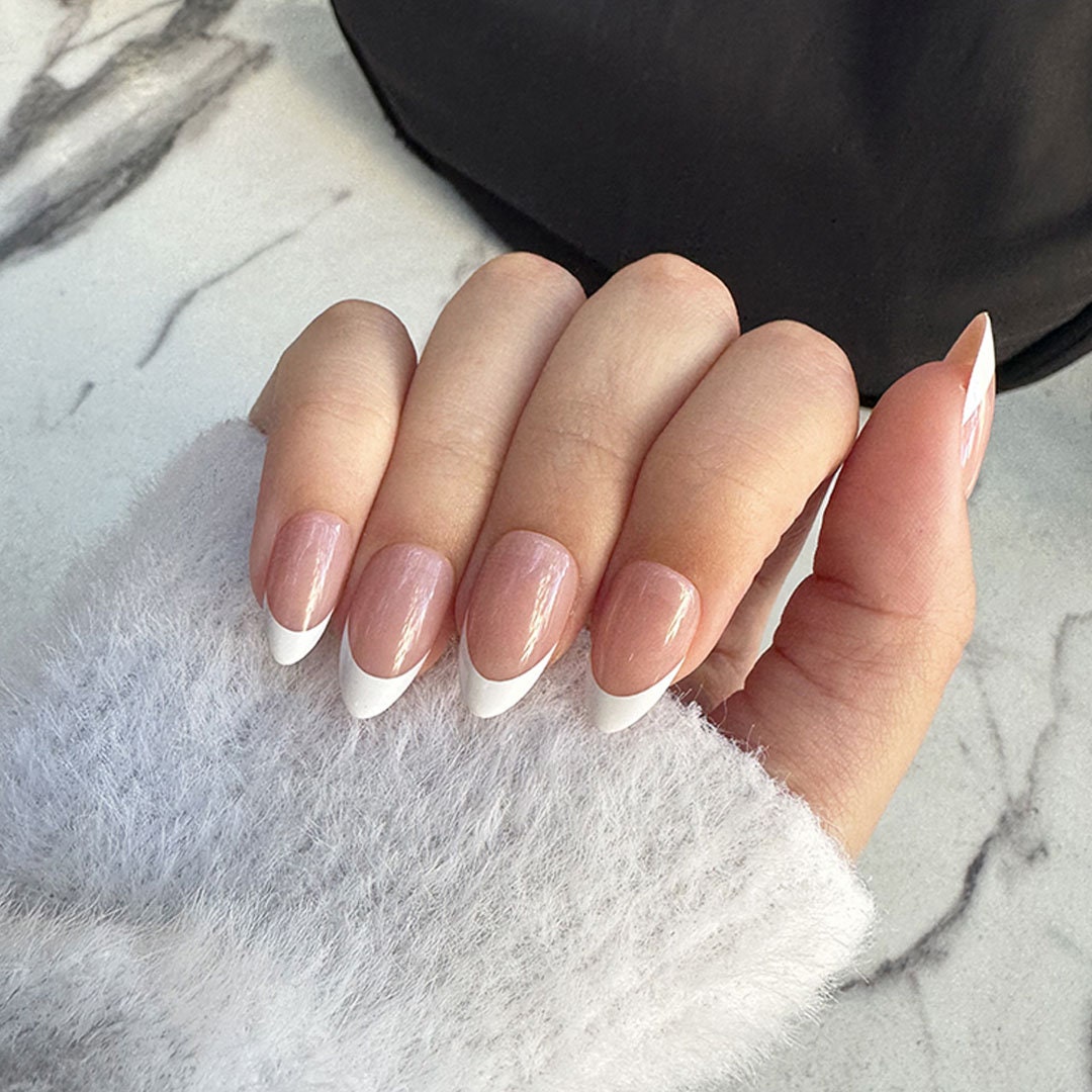 Buy Fall Press on Nails Almond Medium Fake Nails with Flower Designs White  French Tip Acrylic Nails Silvery Glitter Almond Shaped Stick on Nails  Glossy Nude Artificial Nails for Women and Girls