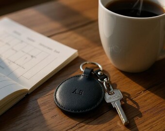 May include: A steaming white mug of coffee sits on a wooden table next to a black leather keychain with the initials "AB" and a silver key. A notebook is open in the background, near a window.