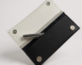 Two-Tone Leather Pencil Case, Black White Magnetic Pen Pouch, Handmade Unisex Leather Gift