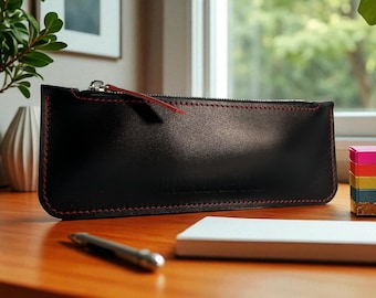 Personalized Leather Pencil Case, Minimalist Zipper Pen Pouch, Custom Pen Holder, Desk Organizer