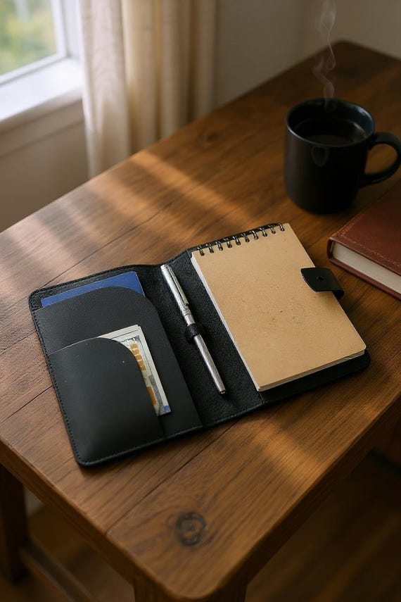 A full-grain leather A6 notebook cover with a built-in passport holder and monogram engraving — a rare travel-meets-stationery crossover that works as both daily carry and a sharp gift.