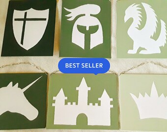 Fairy Tale Set Nursery Decor 6-Piece Silhouettes; Pink Blue Green; Kids Decor; Princess Castle Knight Dragon Unicorn; Mystical Fantasy Art