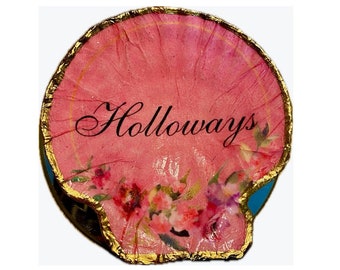 Personalized Pink Floral Decoupage Scallop Trinket Dish