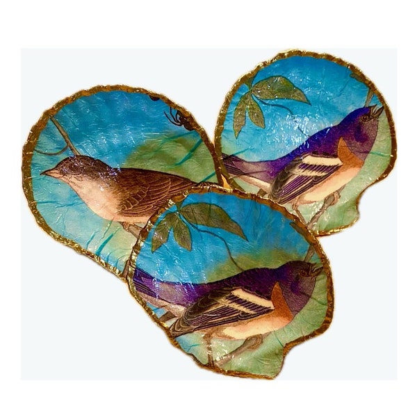 Chinoiserie Bird Decoupage Scallop Shell Napkin Rings