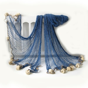 Filet de pêche décoratif env. 250 x 250 cm maille en coton BLEU 2 x 2 cm avec flotteurs