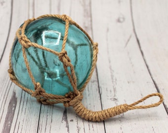 Fisherman's ball sea blue 10 cm made of mouth-blown glass diameter with sisal net