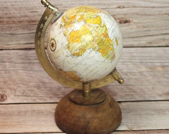 Decorative antique globe Ø 10 cm wooden base total height 18 cm white