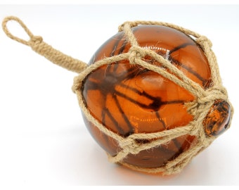 Fisherman's ball amber 10 cm made of mouth-blown glass diameter with sisal net