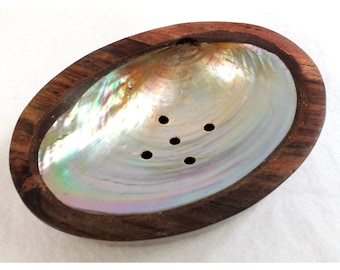 Soap dish wood mother of pearl oval 14 x 9 x 3 cm handmade