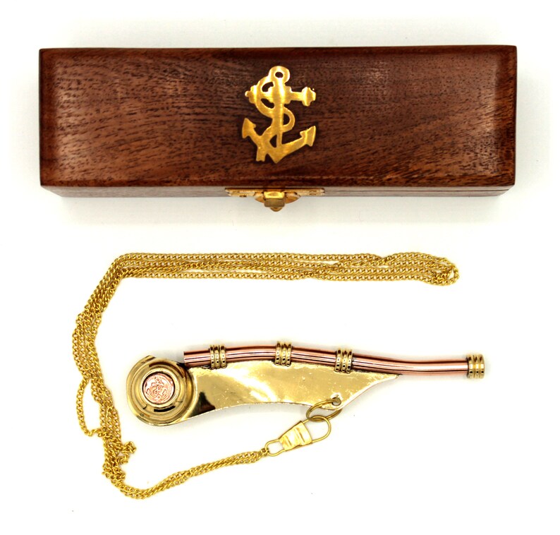 Boatswain's Whistle 13 Cm Brass in Beautiful Wooden Box With Chain and ...