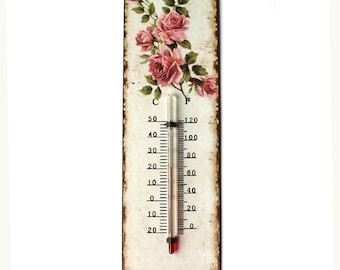 Thermometer 25 cm metal sign with roses antique country house shabby chic