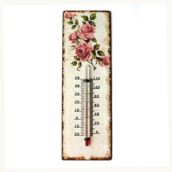 Thermometer 25 cm Tin Sign with Roses Antique Country House Shabby Chic