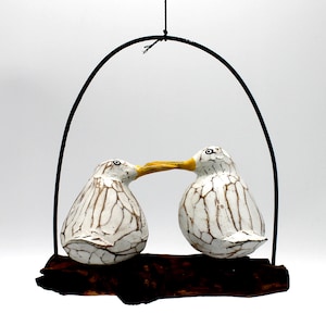 Two seagulls hanging on a branch, handmade from wood image 1