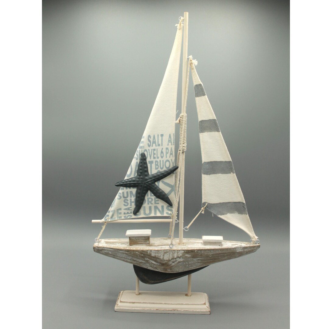 W.K.G. Segelboot Deko 43cm - Shabby Chic Holz Segelboot Mit Metall-Seestern