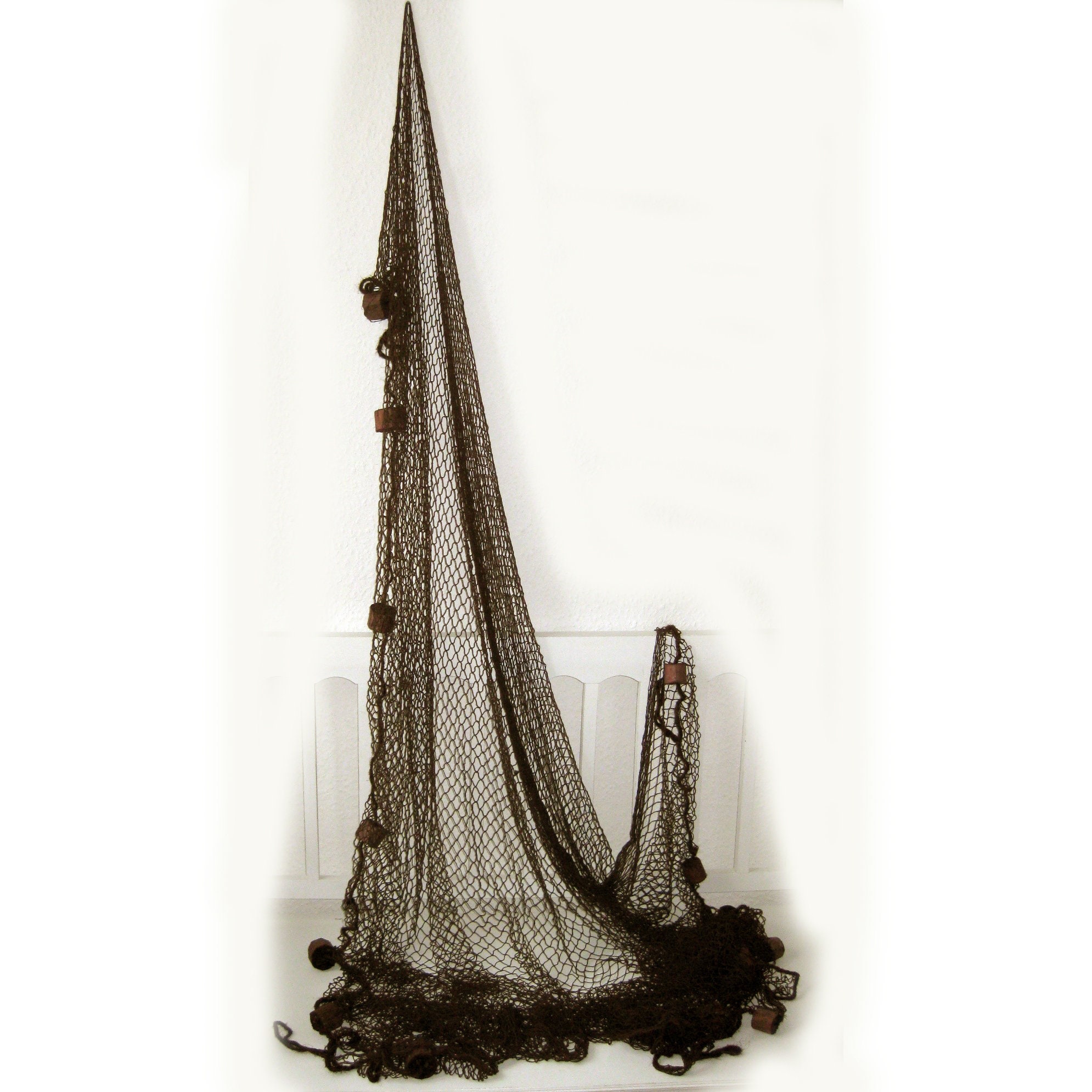 Fischernetz Dekoration Blau – 250x250 Cm, Baumwolle, Mit 14 Holzschwimmern, Maritime Deko