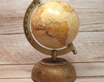 Decorative antique globe Ø 10 cm wooden base total height 18 cm beige