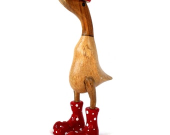 Ente aus Holz 25 cm mit Stiefeln und Hut in rot Deko Laufente