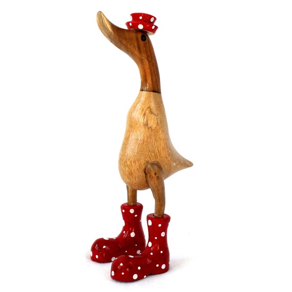 Ente aus Holz 27 cm mit Stiefeln und Hut in rot Deko Laufente