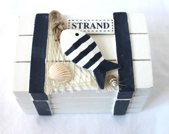 Holz-Truhe 11 x 7 x 7 cm Strand Blau-Weiss Box mit Holzfisch