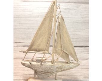 Barca a vela imbiancata 22 x 15 x 3 cm Legno/Tessuto per decorazione